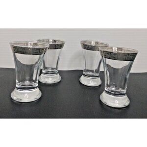 4 MCM Vtg. Shot Glasses Silver Greek Rim 3"X2" See Picture